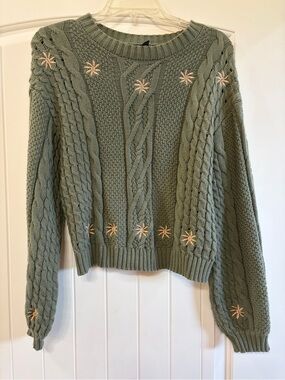 Forever 21 Sage Green Cable Knit Sweater with Cream Star Embroidery